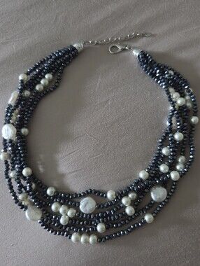 Multi-Strand Dark Blue Bead White Pearl Necklace - Style like Lucky Brand, Boho